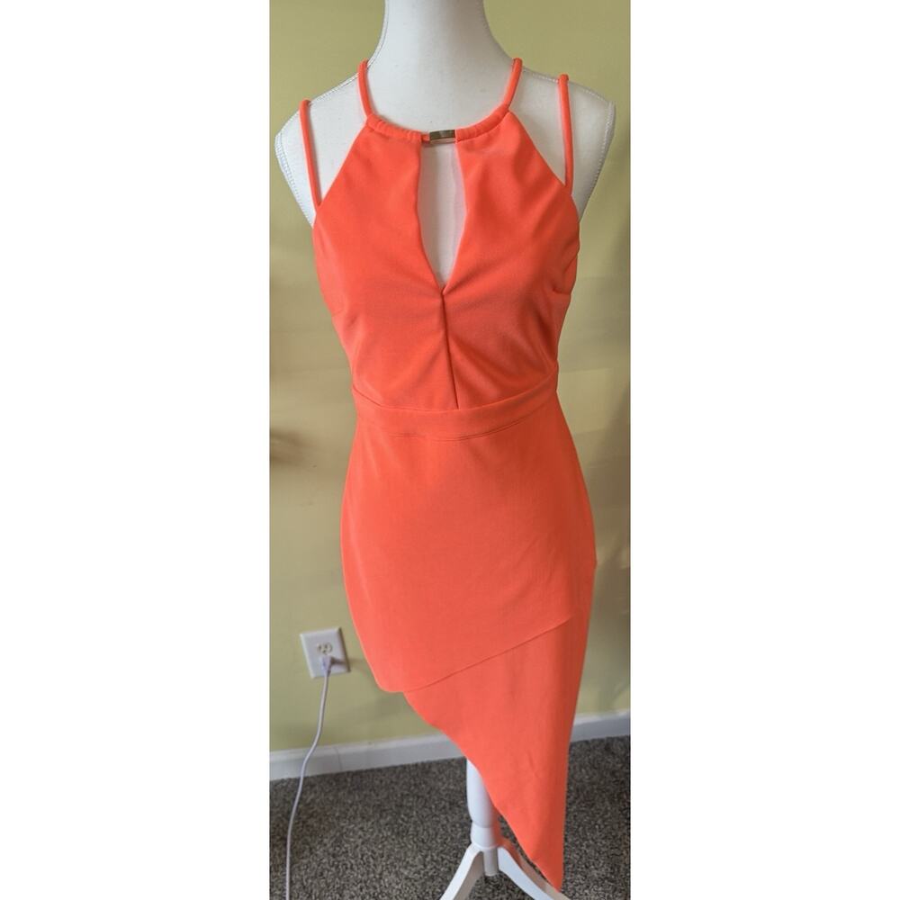 Coral Orange Bodycon Dress Asymmetrical Hem Strappy Back Party Outfit M